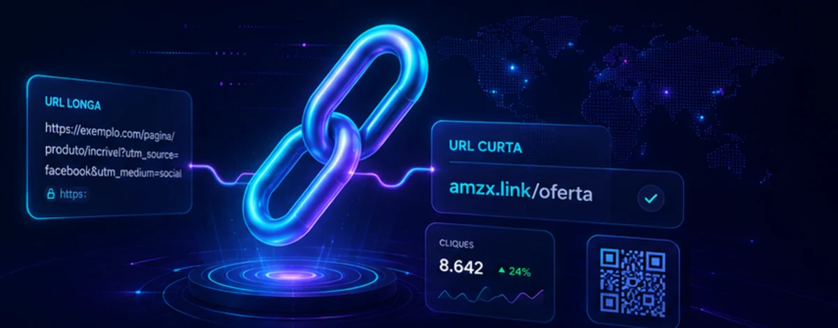 Demonstração visual do encurtador AMZX conectando uma URL longa a um link curto, estatísticas e QR Code